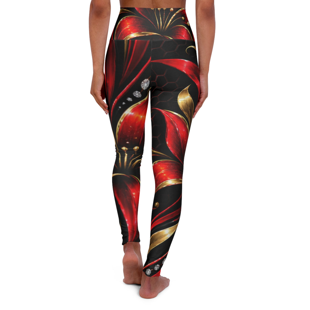RIGGS 360 Floral Red & Gold High-Waisted Yoga Leggings — Bold Metallic Petal AOP