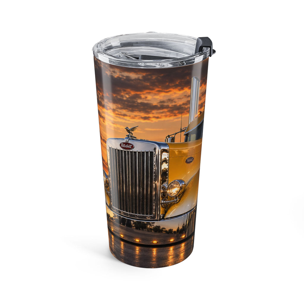 20oz Trucker Stainless Steel Tumbler — Yellow Semi Truck Sunset Design