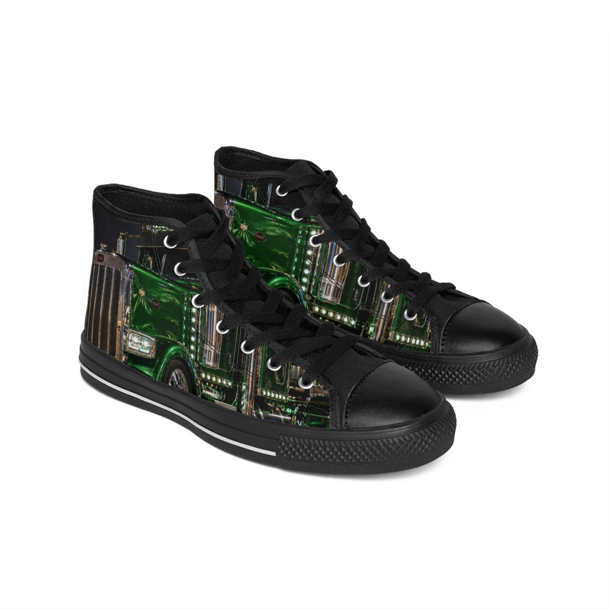 Green Semi Truck High-Top Sneakers — Men’s Classic Truck Print Shoes