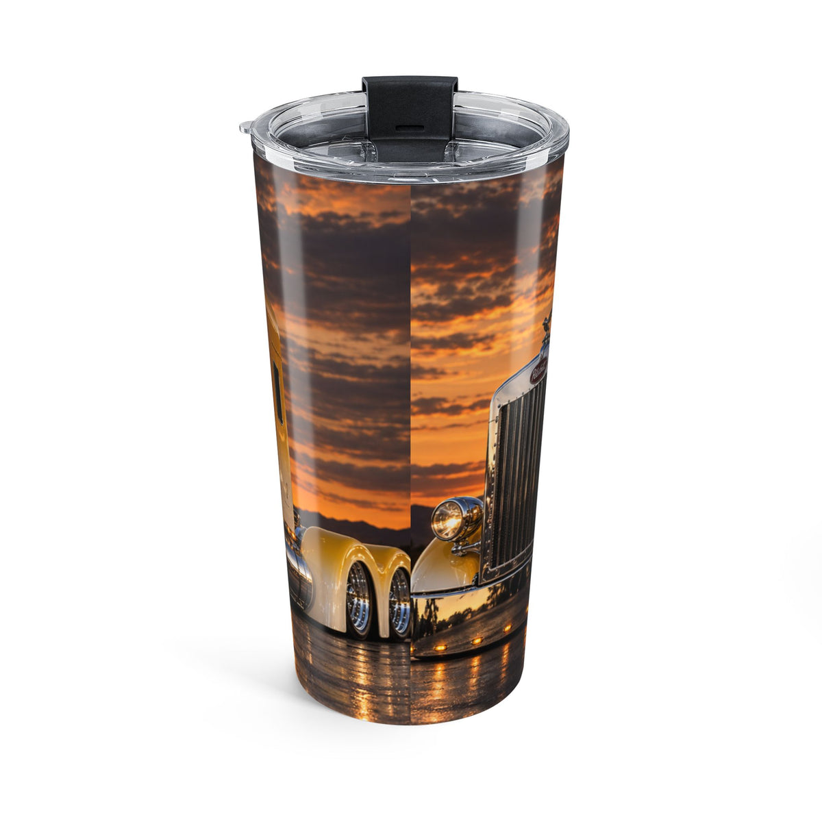 20oz Trucker Stainless Steel Tumbler — Yellow Semi Truck Sunset Design