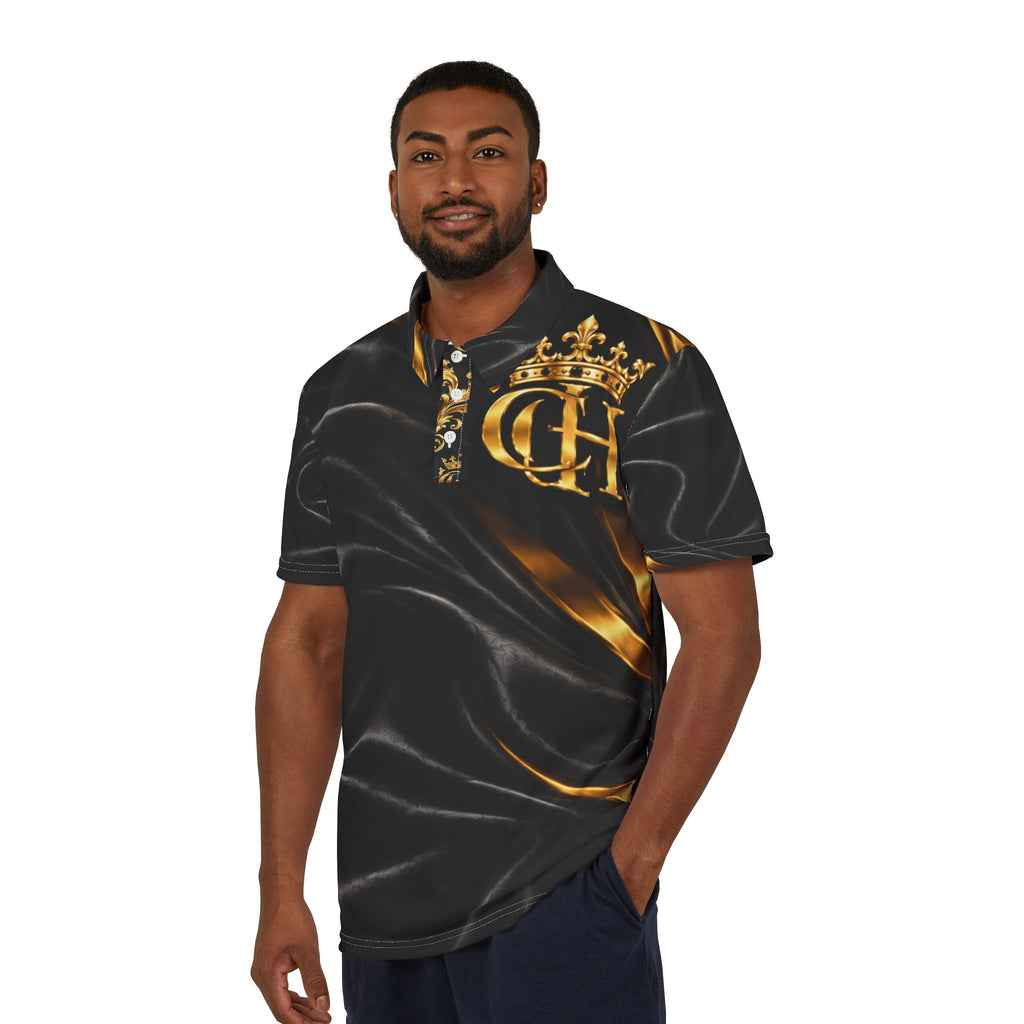 Baroque Crown Polo Shirt — Black & Gold Regal AOP Polo