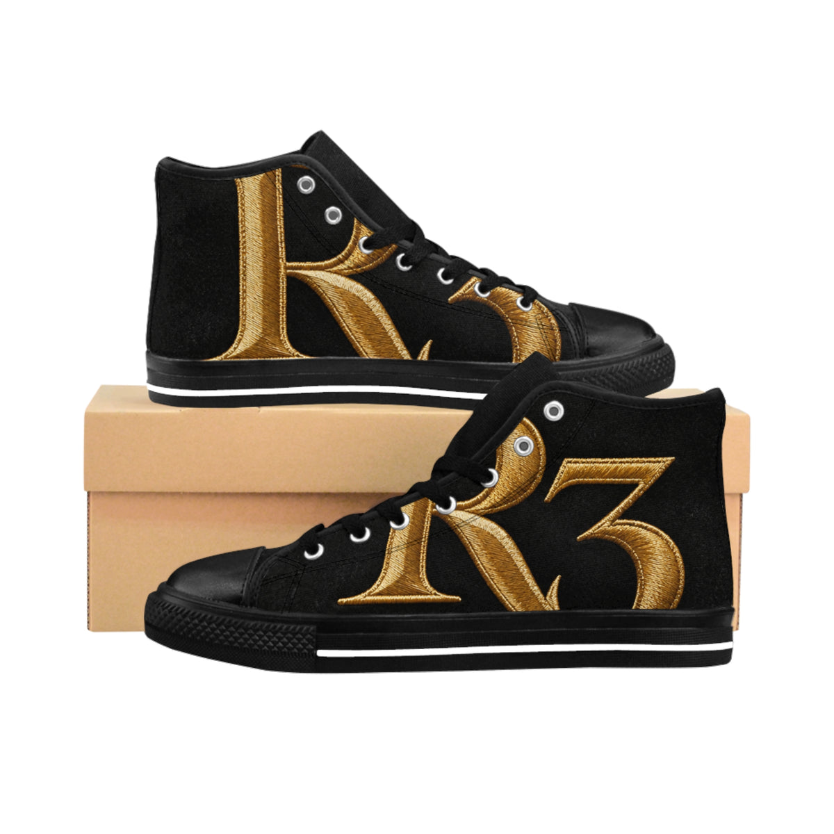 RIGGS 360 Monogram R3 High-Top Sneakers — Black & Gold Lettered Canvas Shoes