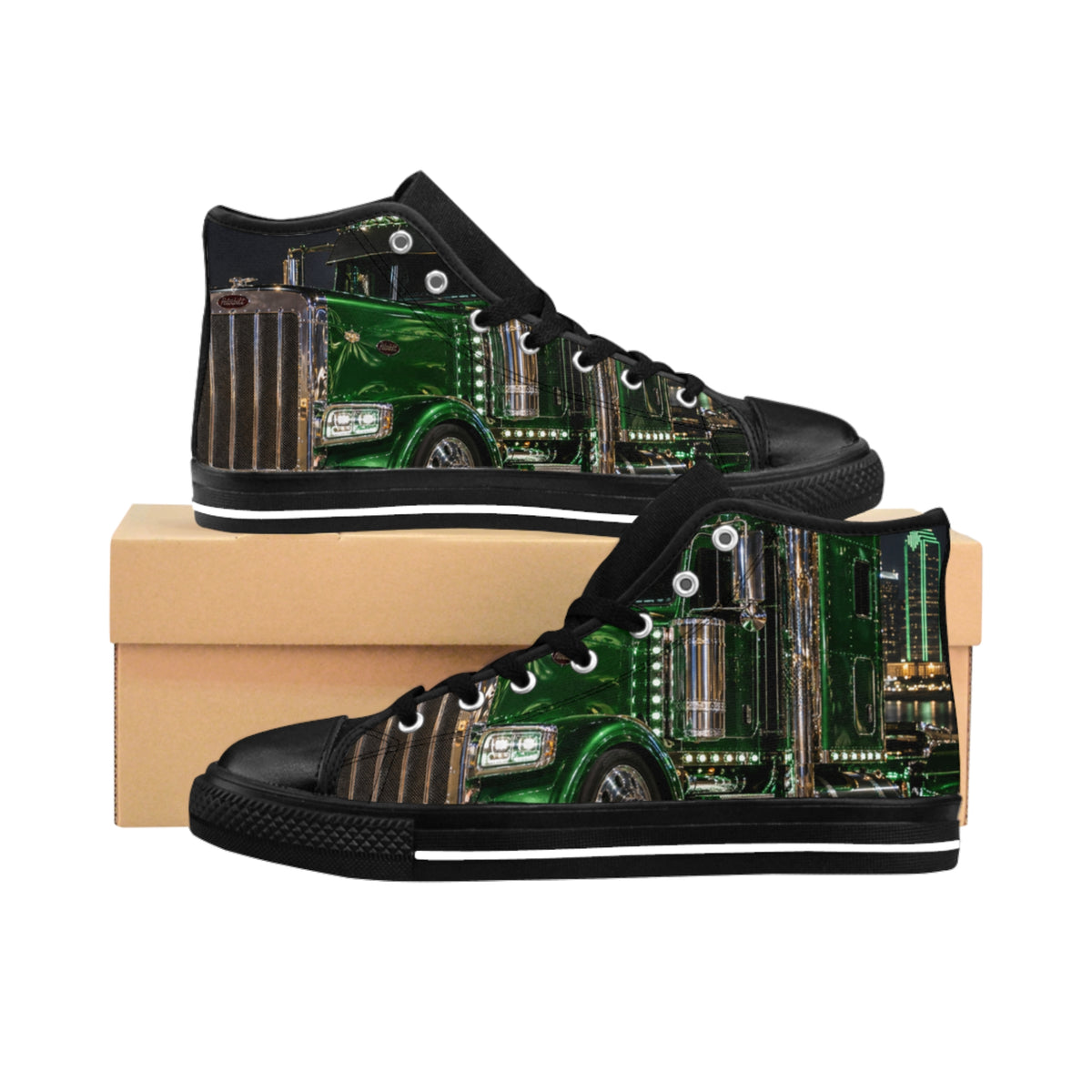 Green Semi Truck High-Top Sneakers — Men’s Classic Truck Print Shoes