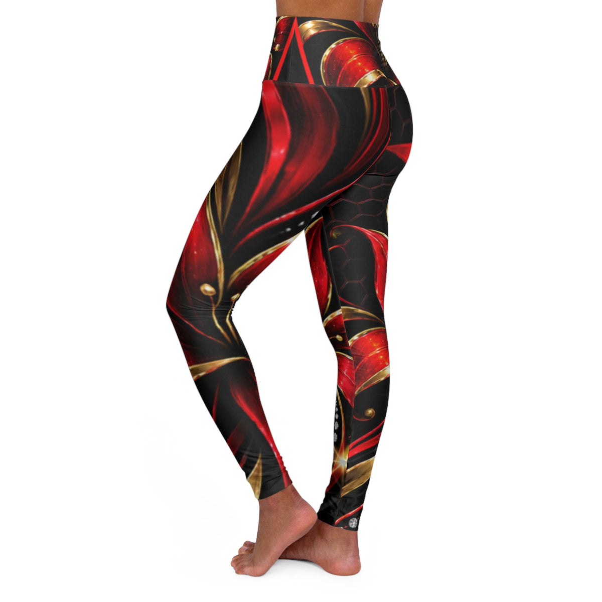 RIGGS 360 Floral Red & Gold High-Waisted Yoga Leggings — Bold Metallic Petal AOP