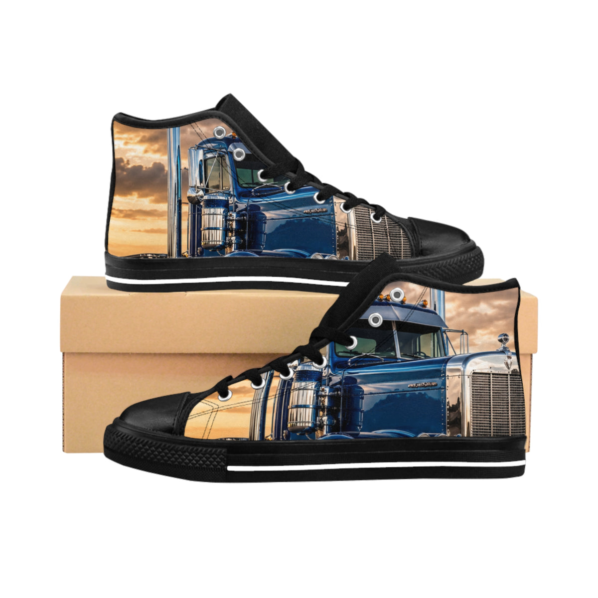 Blue Semi Truck High-Top Sneakers — Men's Trucker Vintage Roadway Shoes