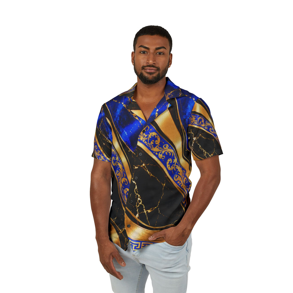 Royal Blue & Gold Baroque Hawaiian Camp Shirt — Men's AOP Luxury Resort Shirt