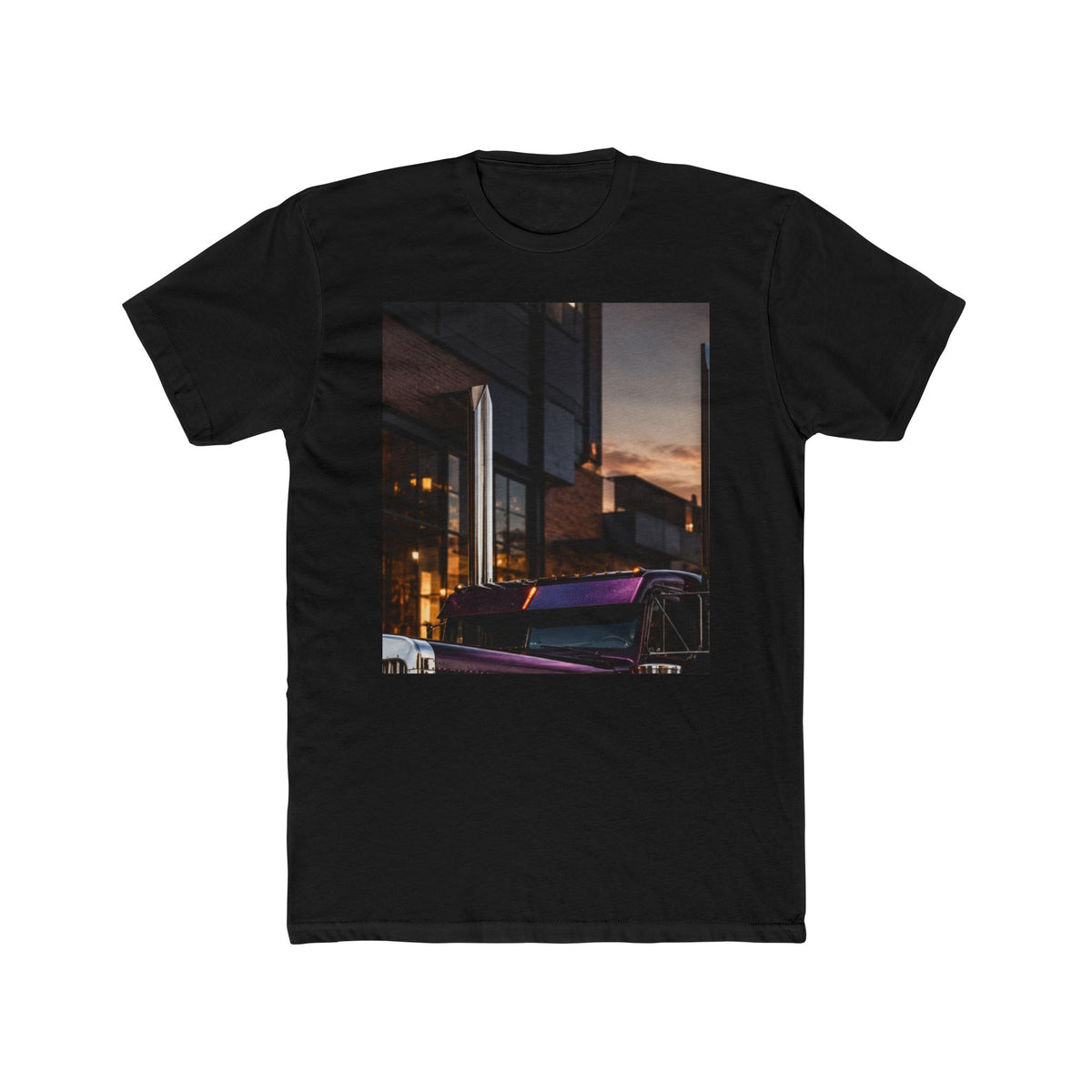 RIGGS 360 Sunset Cityscape Tee — Retro Neon Car Photo T‑Shirt