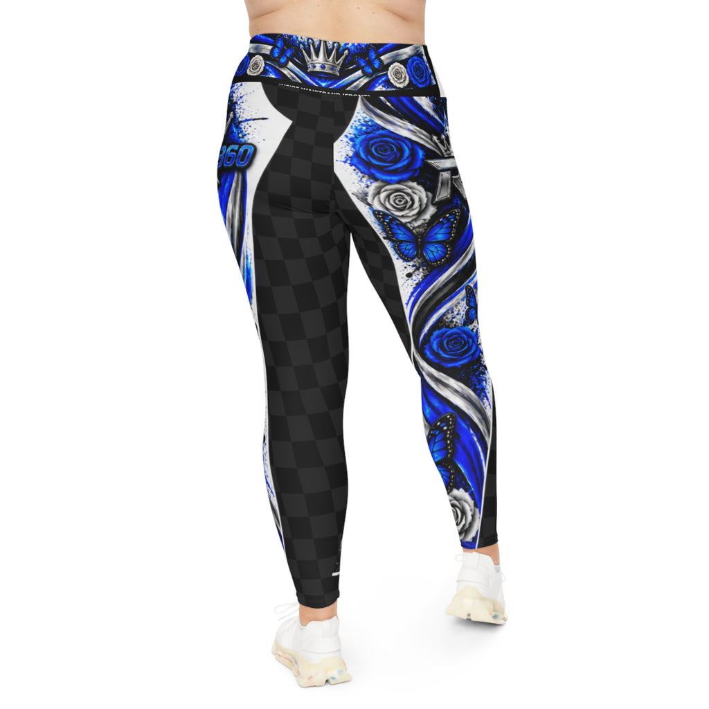 RIGGS 360 Plus Size Blue Rose AOP Leggings — Racing Script Graphic