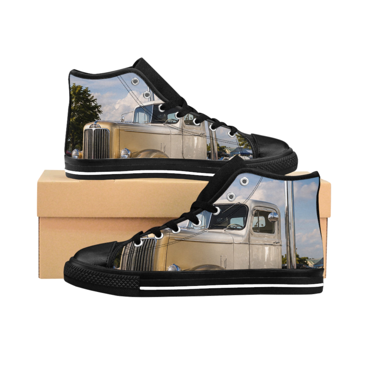 Classic Truck Print High-Top Sneakers — Men's Retro Automotive Canvas Shoes