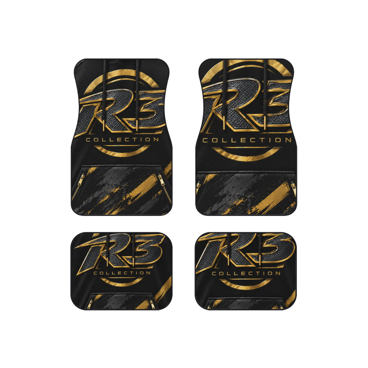 RIGGS 360 Luxury Black & Gold Car Floor Mats (Set of 4) – 'R3 Collection' Logo Design