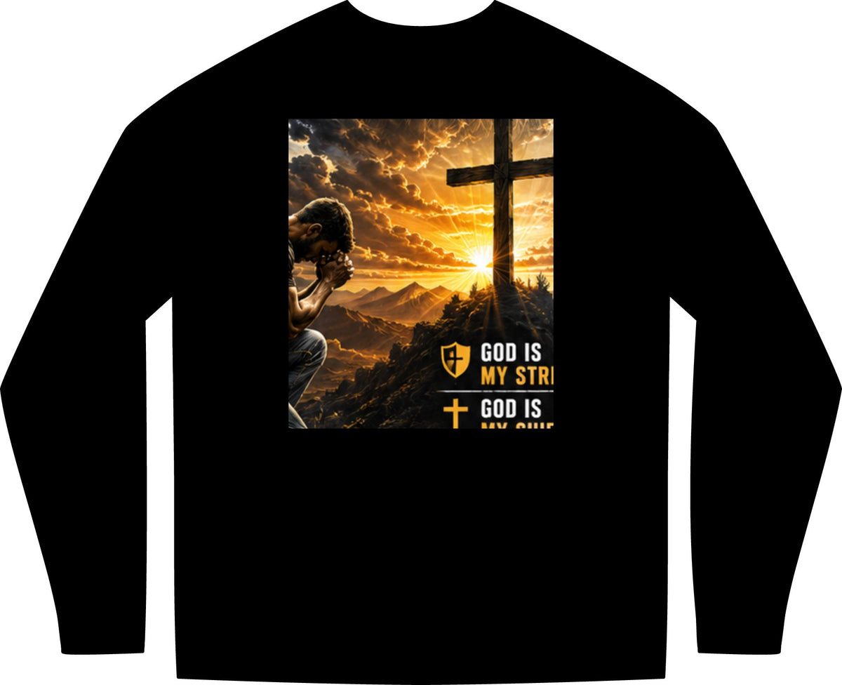 BLACK LONG SLEEVE WITH PRAYING MAN BESIDE A mountain