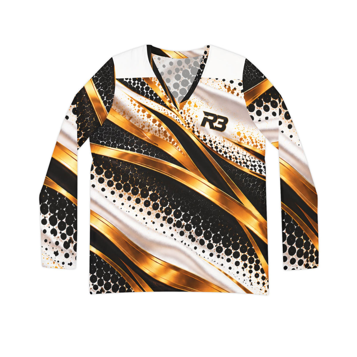 Women's V-Neck Long Sleeve Shirt — Metallic Gold Wave Abstract AOP