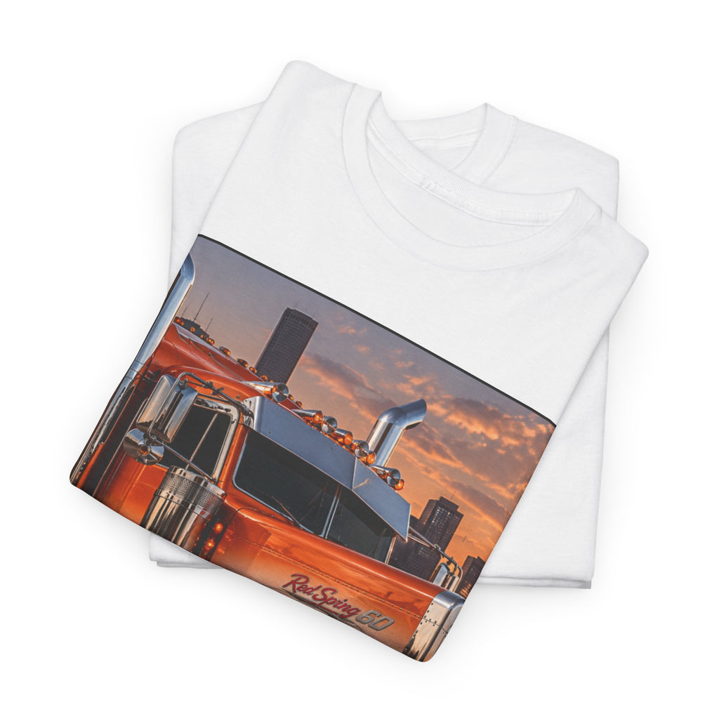 Semi-Truck Graphic Tee — Orange Big Rig Truck Shirt for Truckers & Enthusiasts