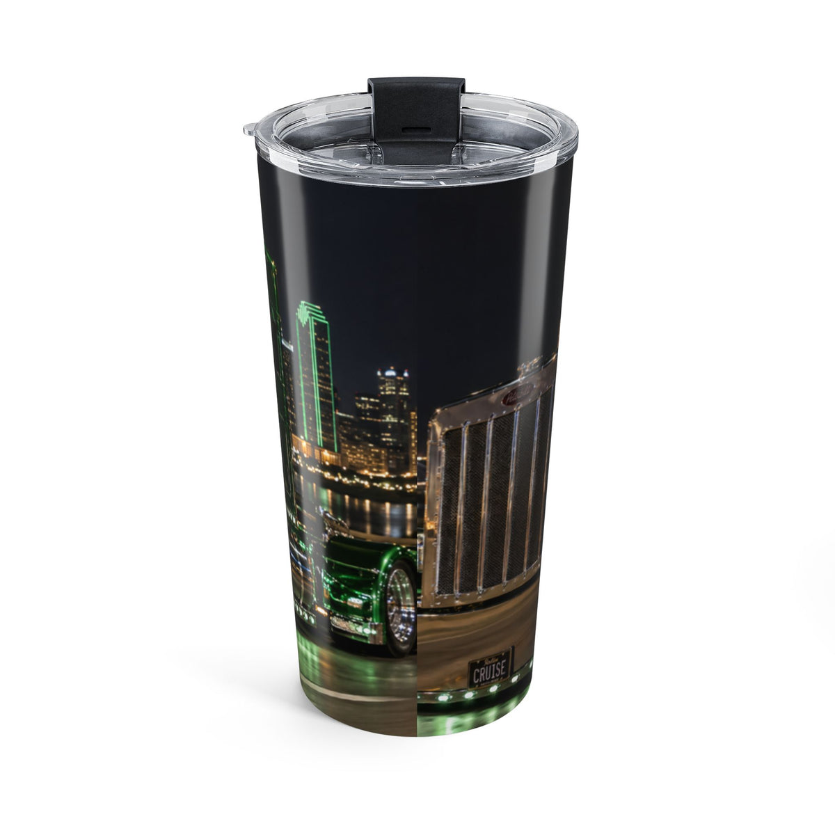 20oz Truck Tumbler — Green Semi Truck Night Skyline Travel Cup