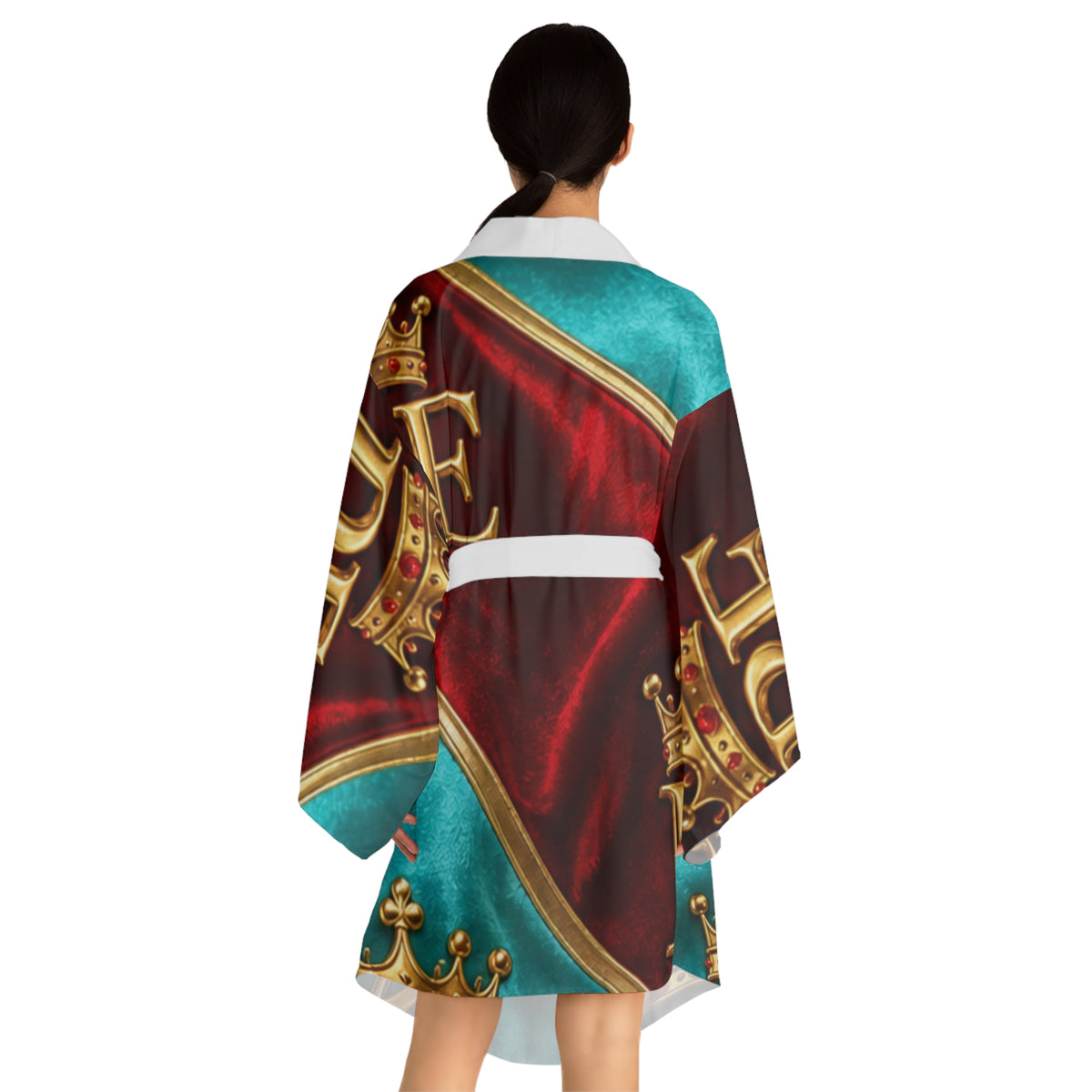 Regal Crown Kimono Robe — 'RE' Gold Crest AOP