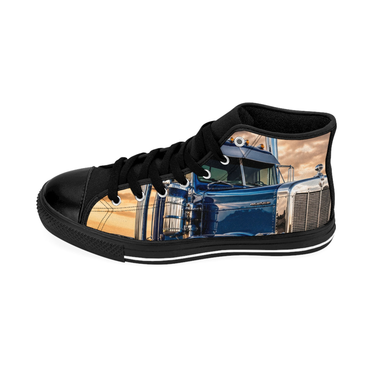 Blue Semi Truck High-Top Sneakers — Men's Trucker Vintage Roadway Shoes