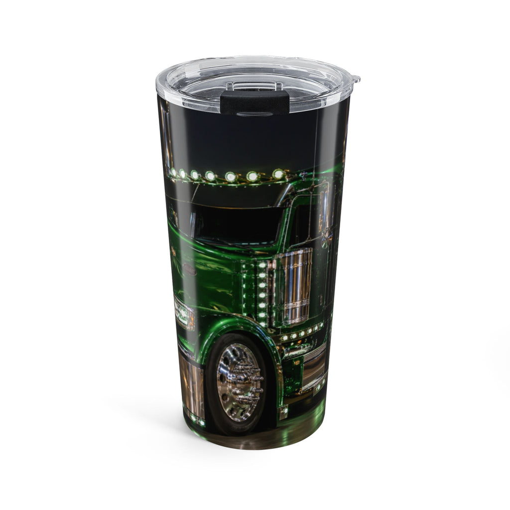 20oz Truck Tumbler — Green Semi Truck Night Skyline Travel Cup