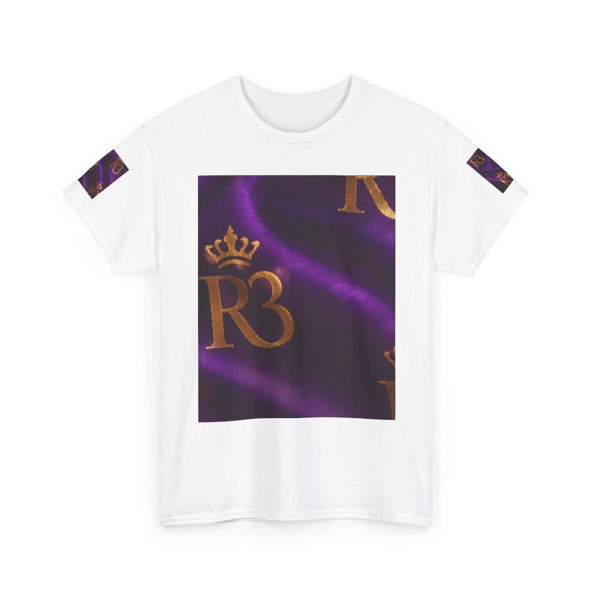Royal R3 Crown Graphic Tee — Purple Silk Pattern Casual T‑Shirt