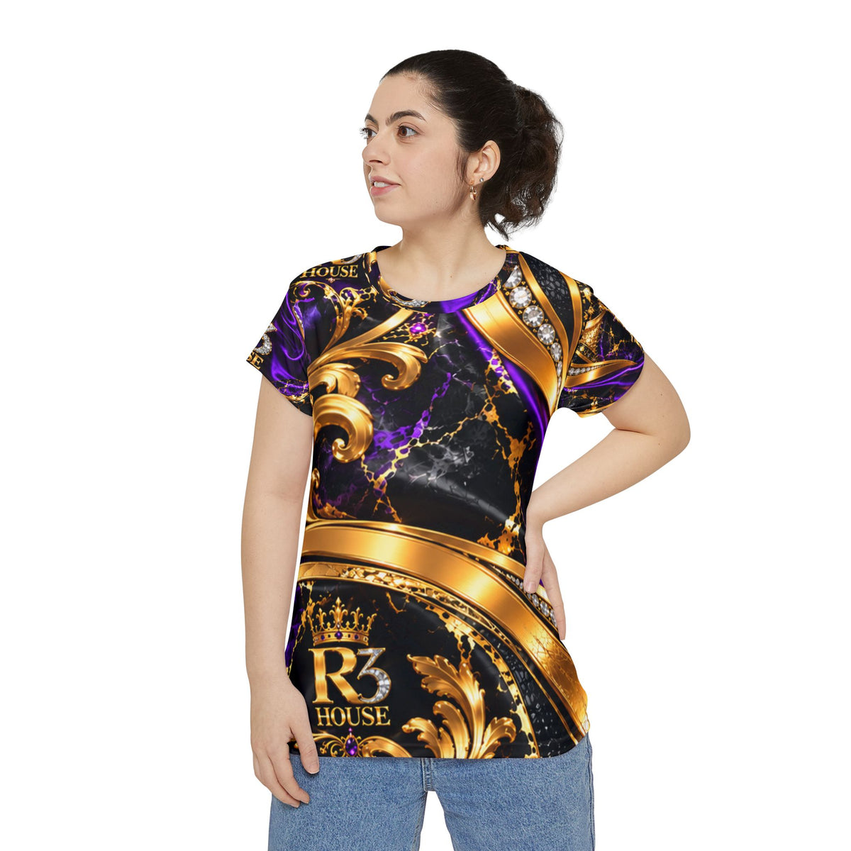 Baroque Crown Women's Tee — Luxe Gold & Purple All-Over Print