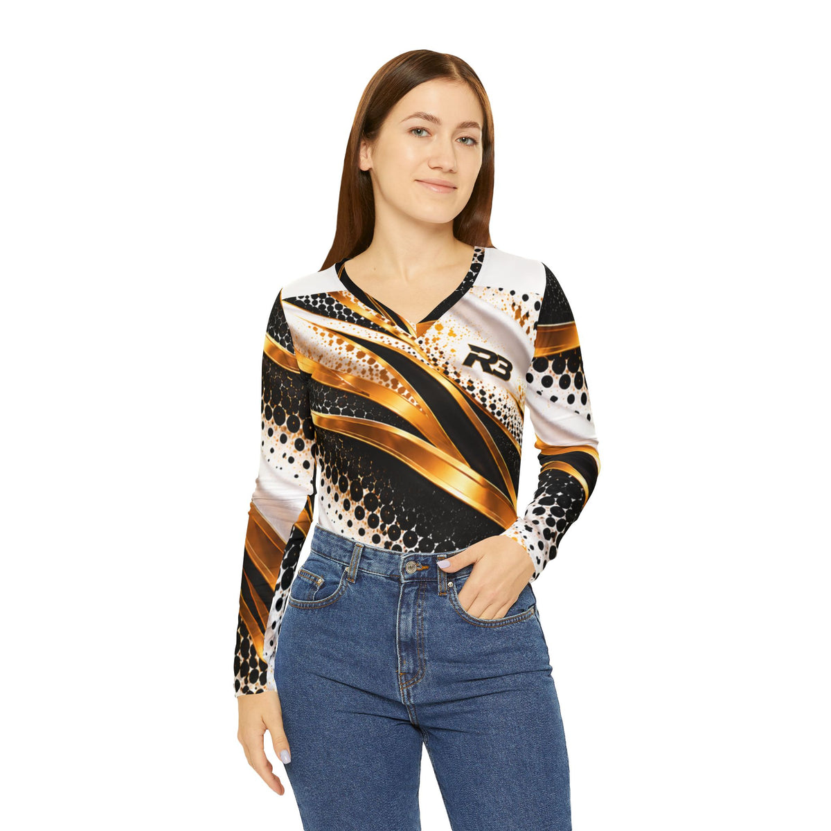 Women's V-Neck Long Sleeve Shirt — Metallic Gold Wave Abstract AOP