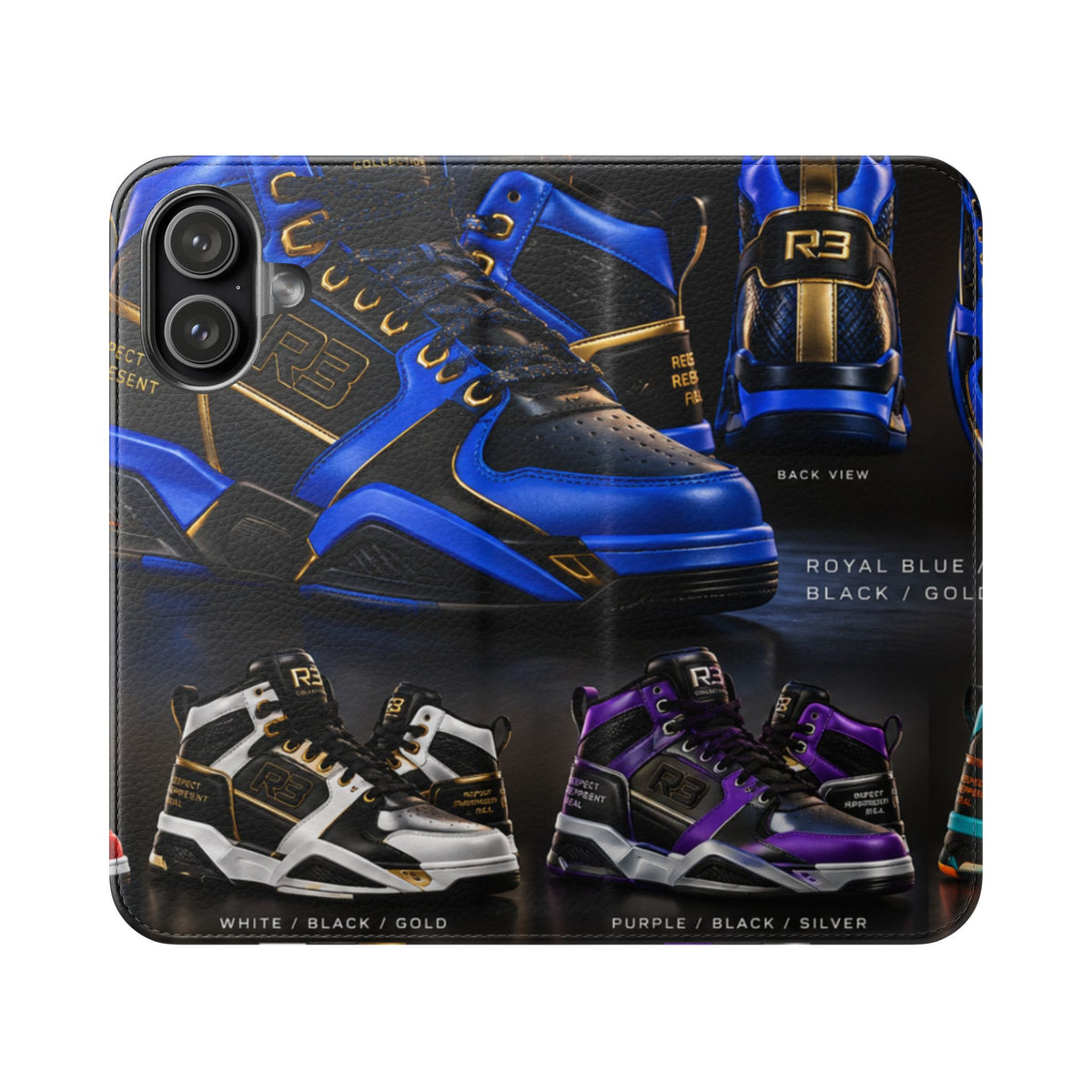 RIGGS 360 Sneaker Collage Flip Phone Case — Athletic Shoe Design Wallet Cover