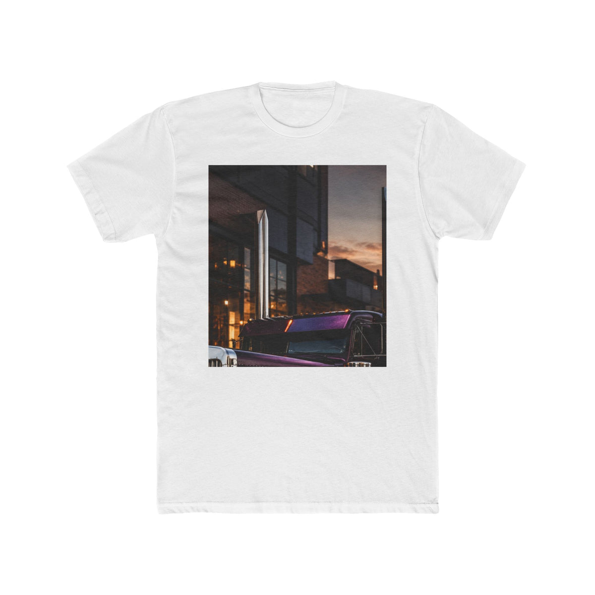RIGGS 360 Sunset Cityscape Tee — Retro Neon Car Photo T‑Shirt
