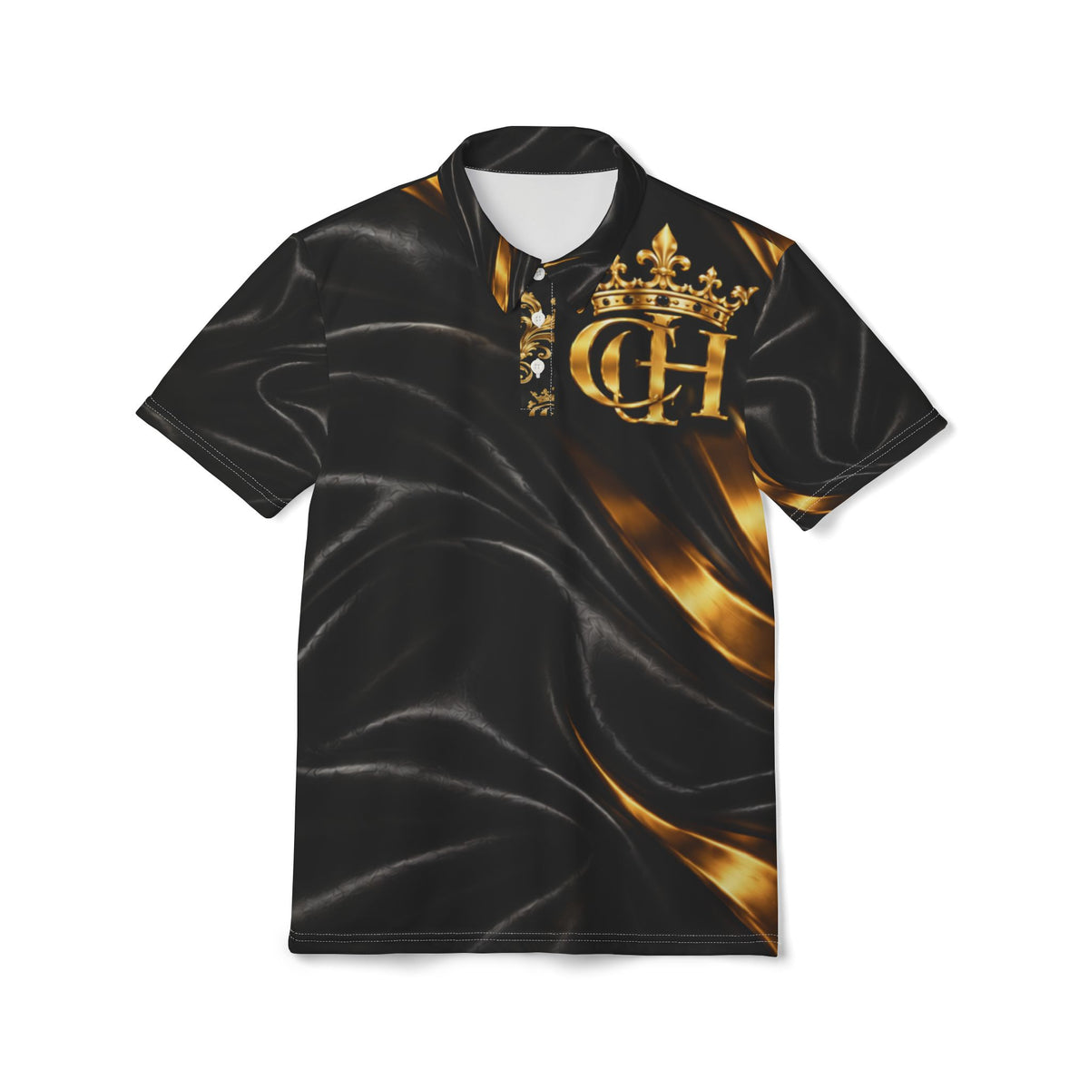 Baroque Crown Polo Shirt — Black & Gold Regal AOP Polo