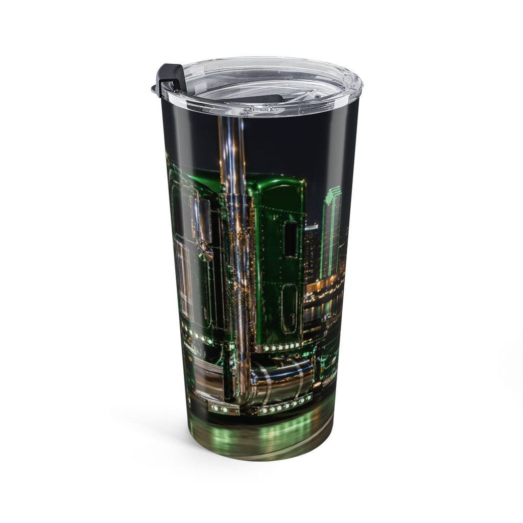 20oz Truck Tumbler — Green Semi Truck Night Skyline Travel Cup
