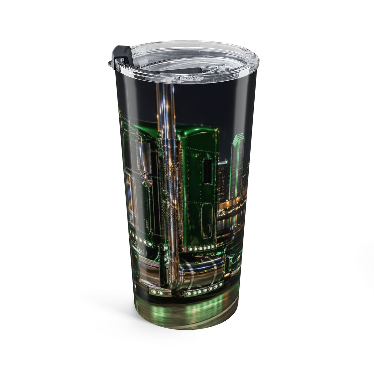 20oz Truck Tumbler — Green Semi Truck Night Skyline Travel Cup