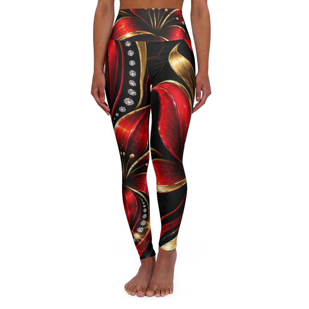 RIGGS 360 Floral Red & Gold High-Waisted Yoga Leggings — Bold Metallic Petal AOP