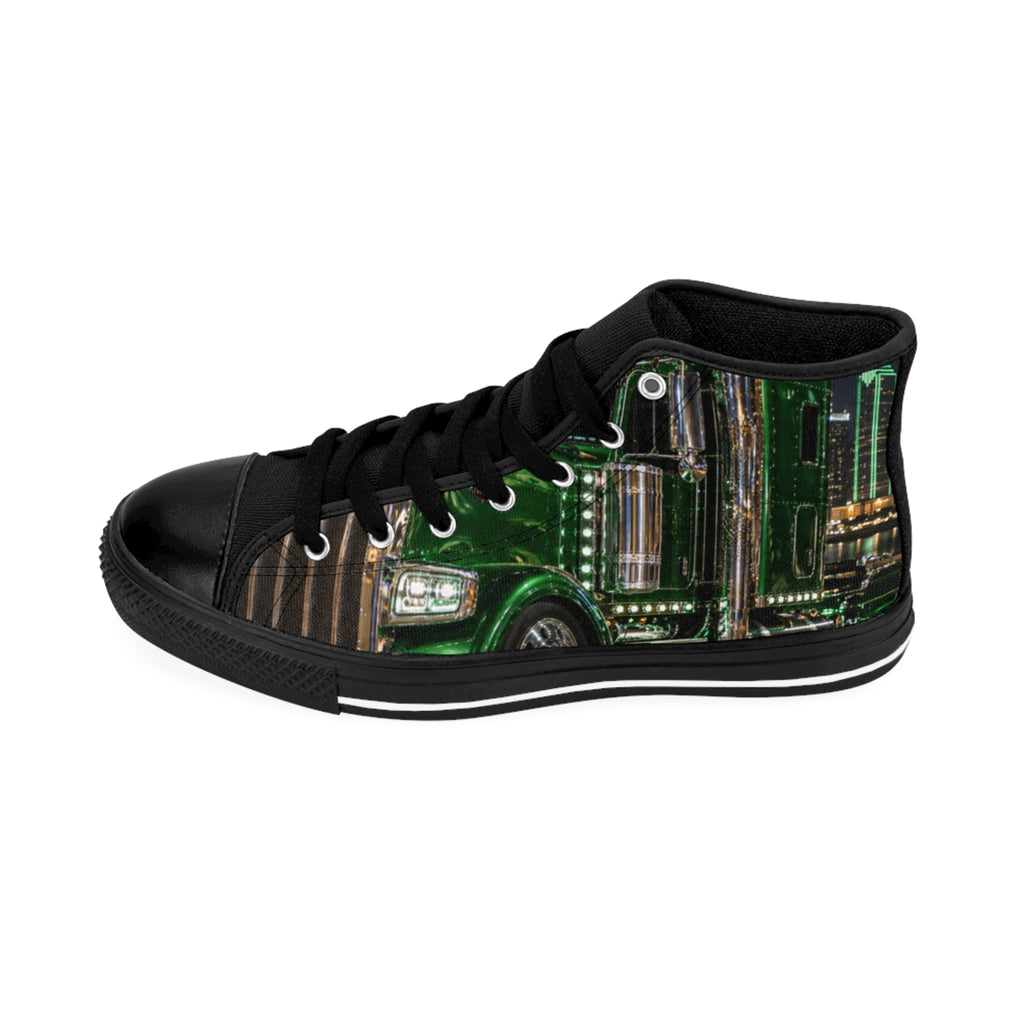 Green Semi Truck High-Top Sneakers — Men’s Classic Truck Print Shoes