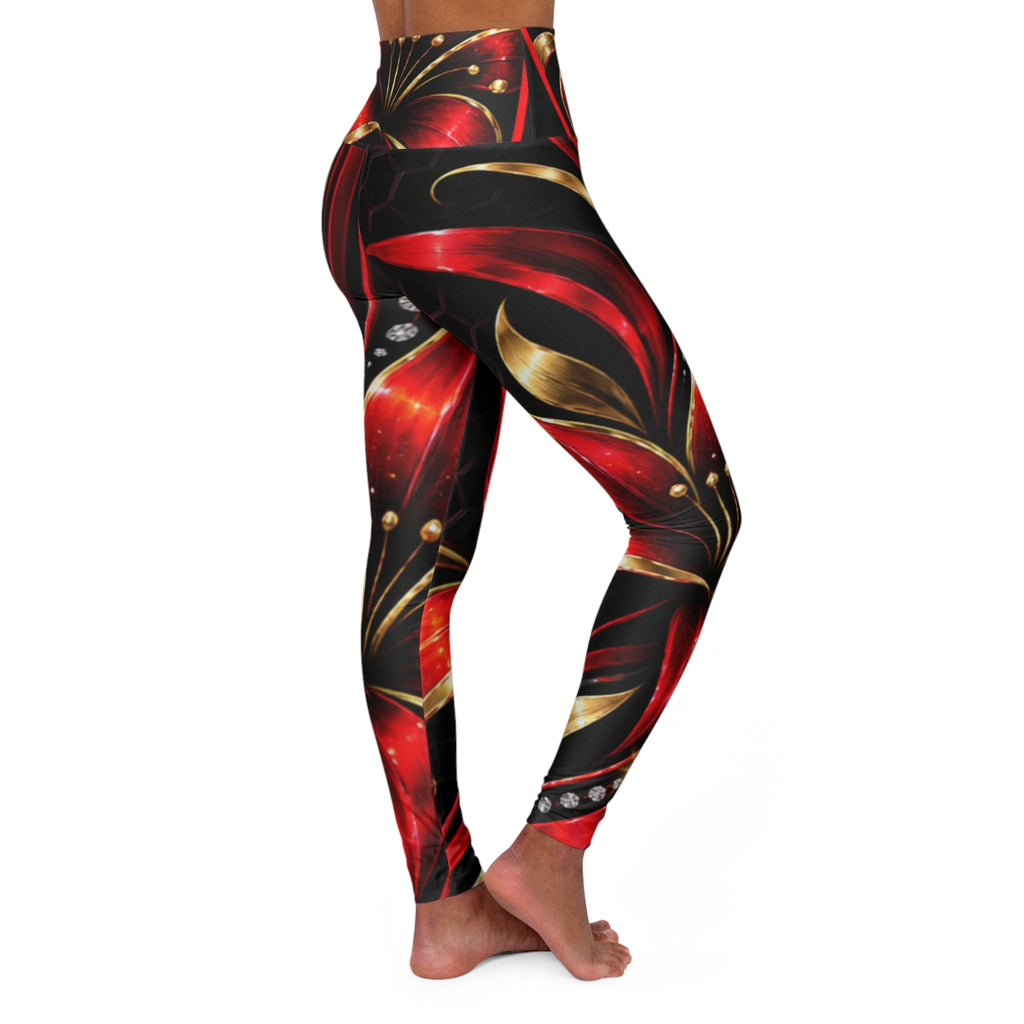 RIGGS 360 Floral Red & Gold High-Waisted Yoga Leggings — Bold Metallic Petal AOP