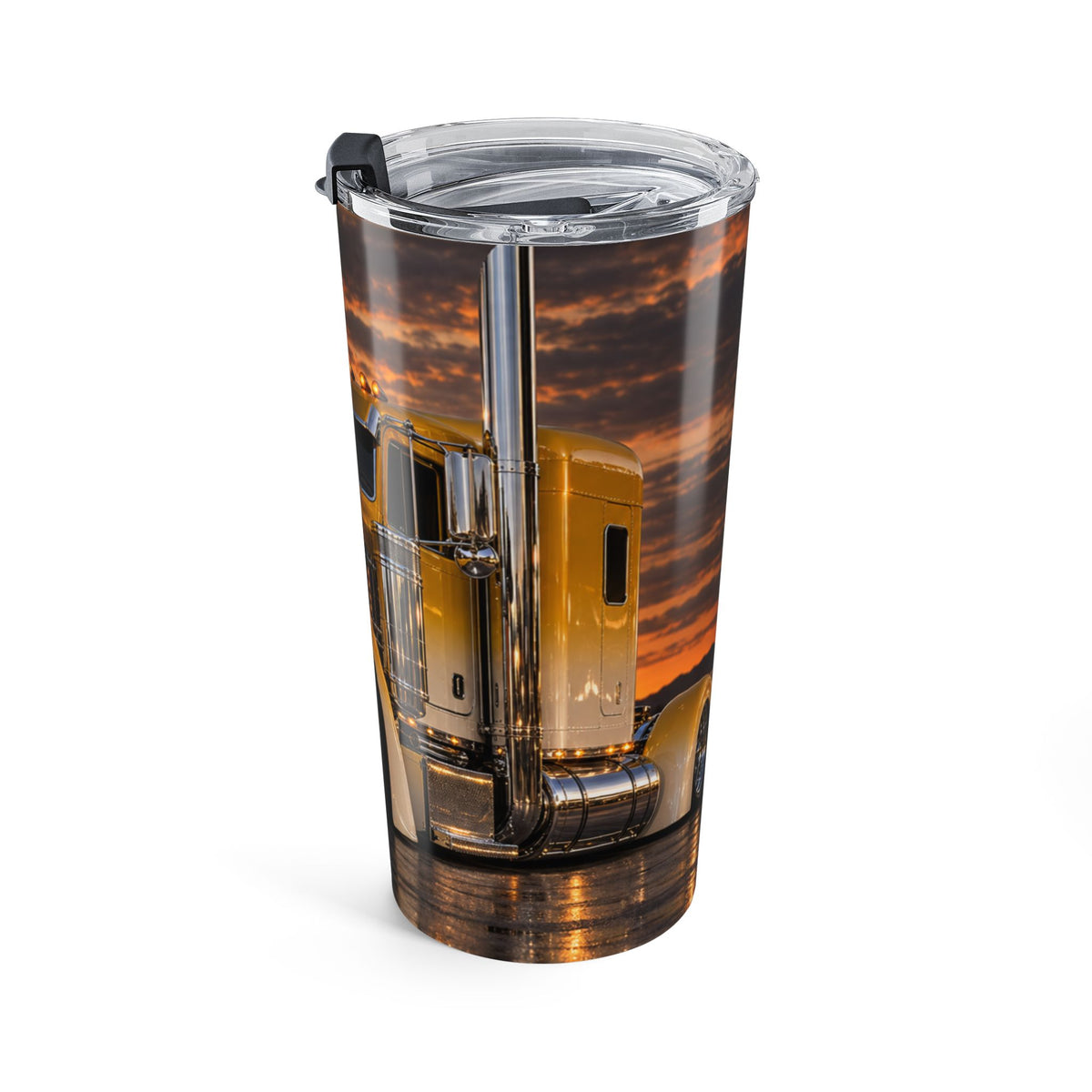 20oz Trucker Stainless Steel Tumbler — Yellow Semi Truck Sunset Design