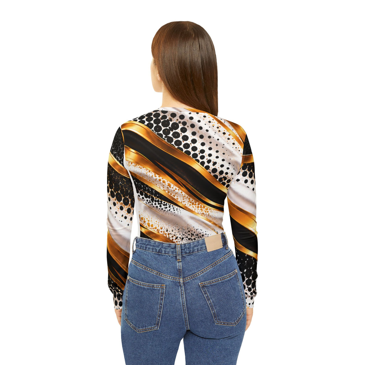 Women's V-Neck Long Sleeve Shirt — Metallic Gold Wave Abstract AOP