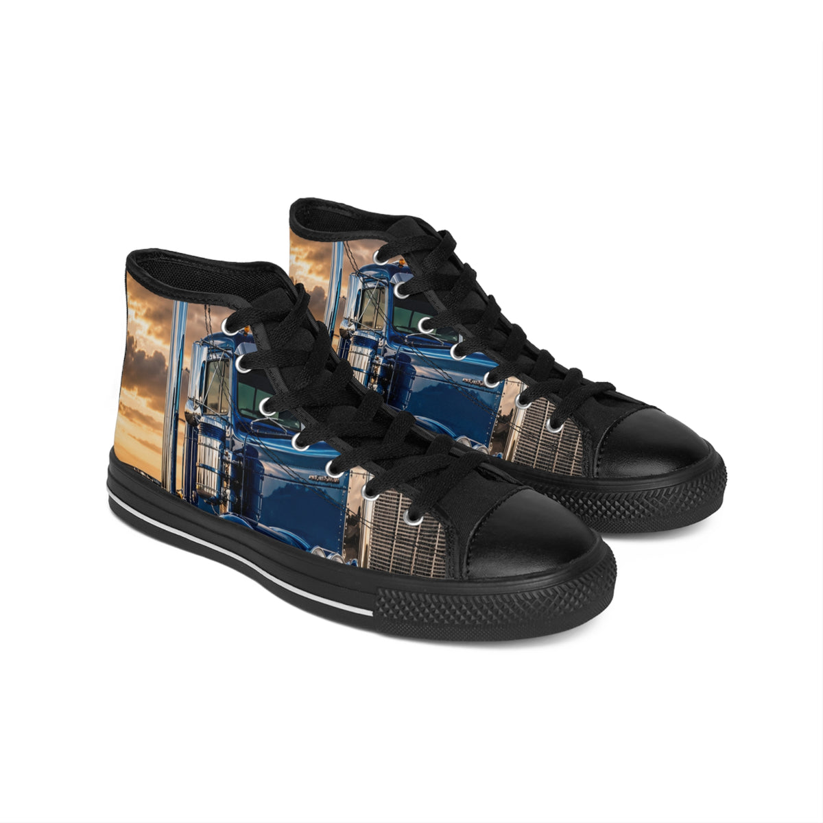 Blue Semi Truck High-Top Sneakers — Men's Trucker Vintage Roadway Shoes