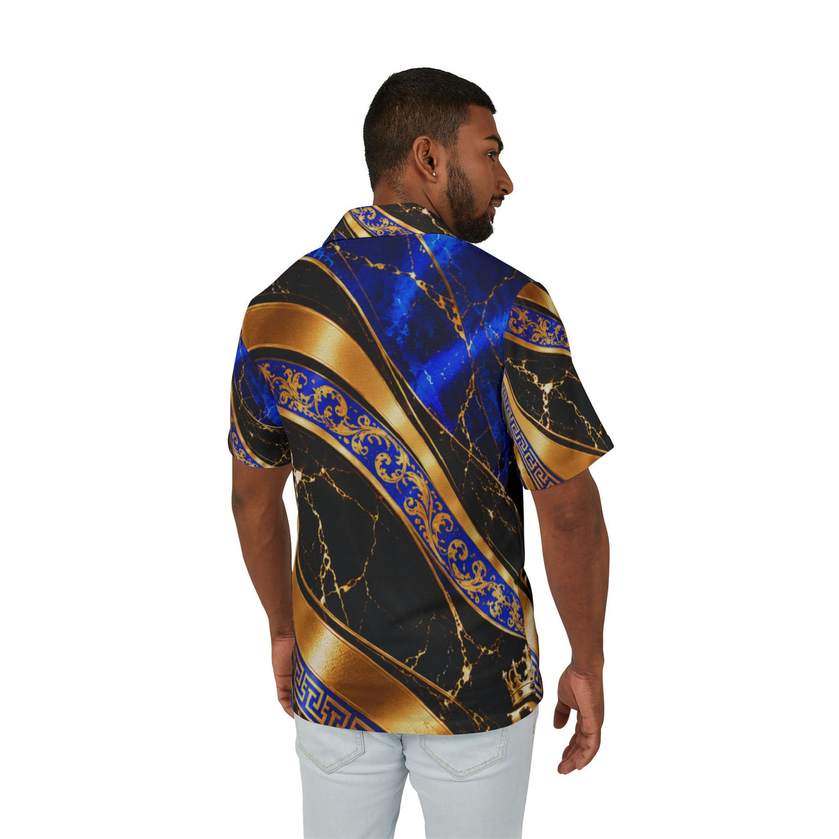 Royal Blue & Gold Baroque Hawaiian Camp Shirt — Men's AOP Luxury Resort Shirt