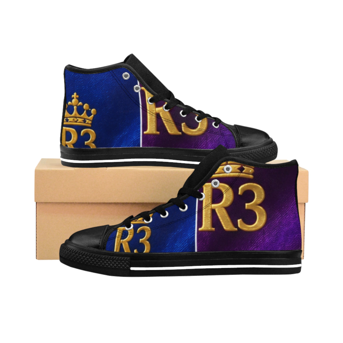 King R3 High-Top Sneakers – Royal Purple & Blue Graphic Shoes