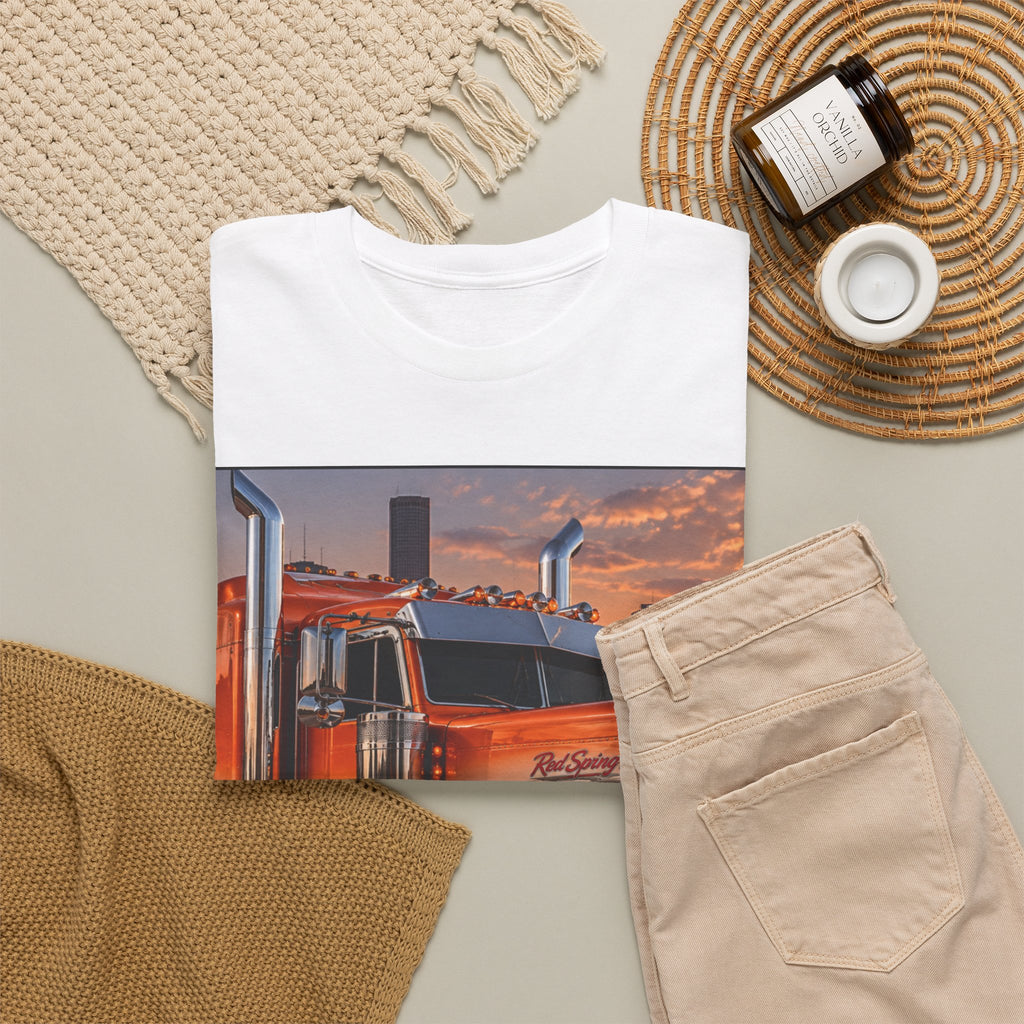 Semi-Truck Graphic Tee — Orange Big Rig Truck Shirt for Truckers & Enthusiasts
