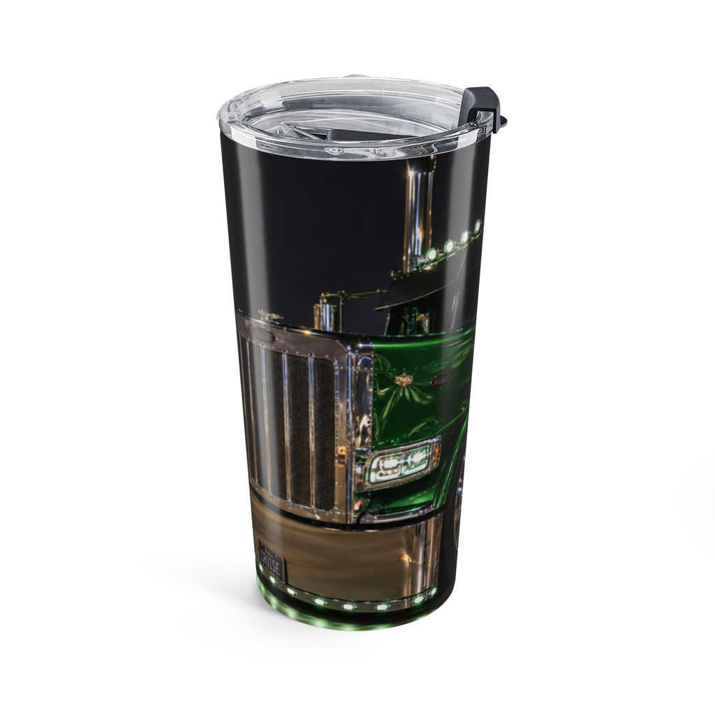 20oz Truck Tumbler — Green Semi Truck Night Skyline Travel Cup