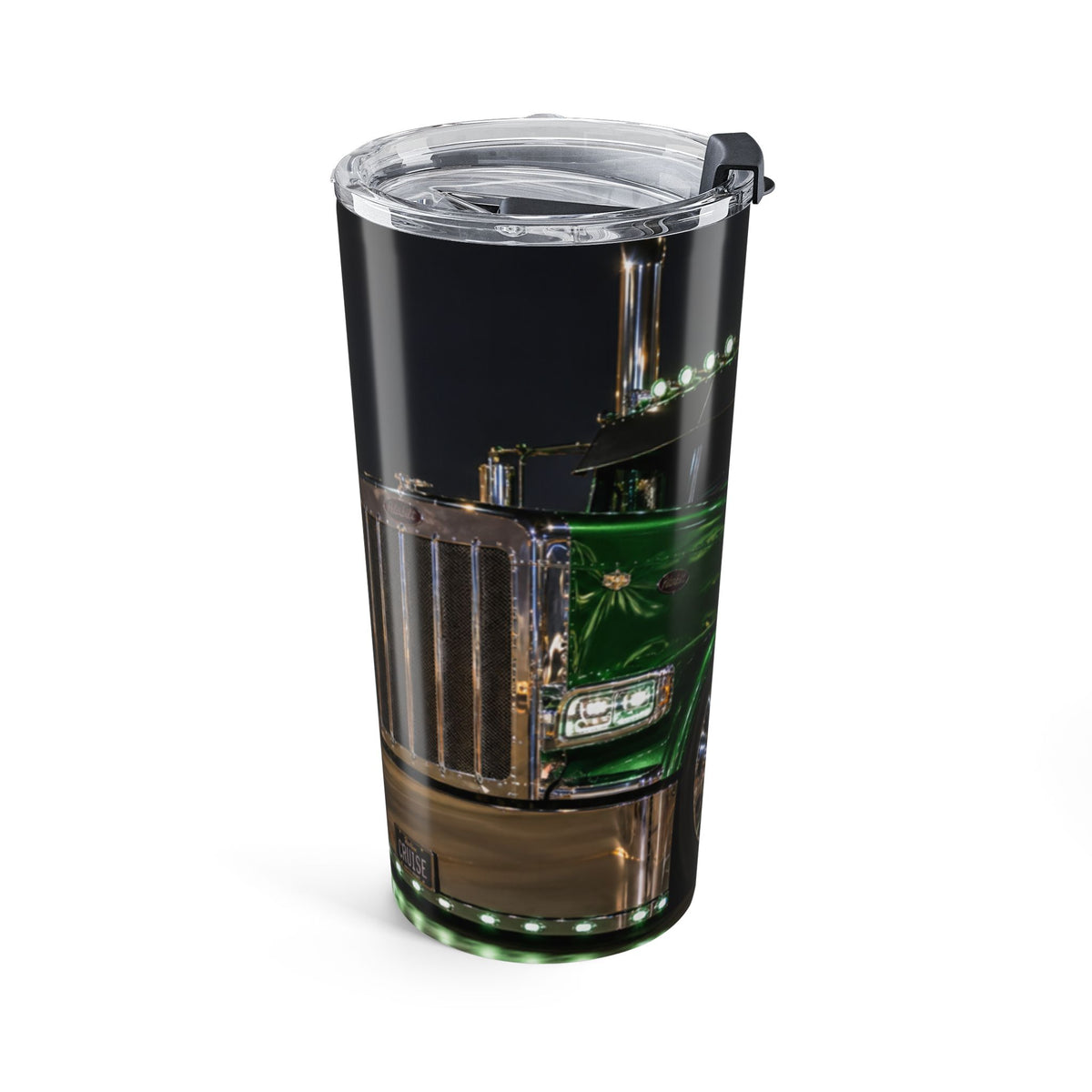 20oz Truck Tumbler — Green Semi Truck Night Skyline Travel Cup